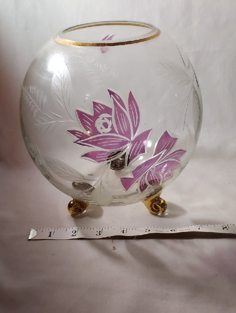 Vintage Glass Bowl Round Purple Etched Flowers with Three Gold Legs & Gold Ring - Picture 6 of 9